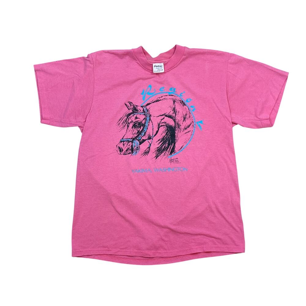 Vintage 1990 Horse graphic print shirt neon pink blue single stitch Stedman L